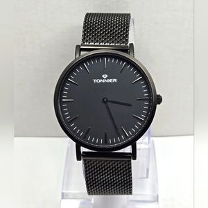 Mens Tonnier Black Stainless Steel Slim Watch Quartz New Battery Mesh Classic